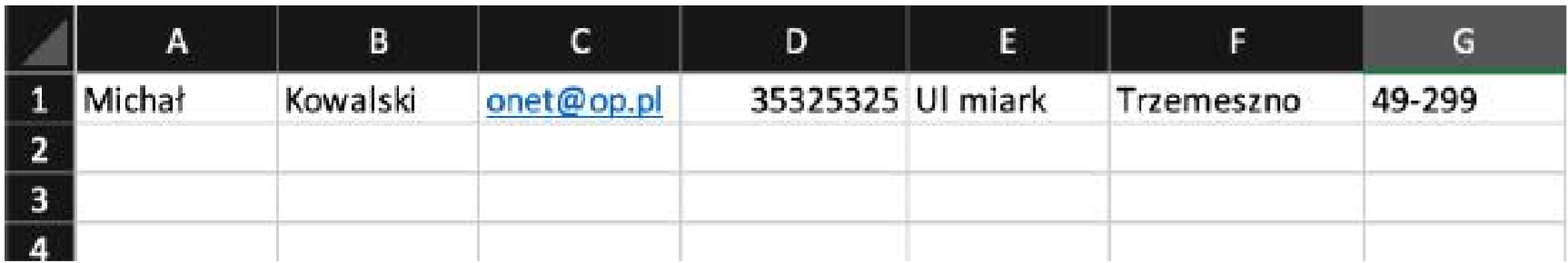 Przykładowy plik Excel z danymi zawodnika
